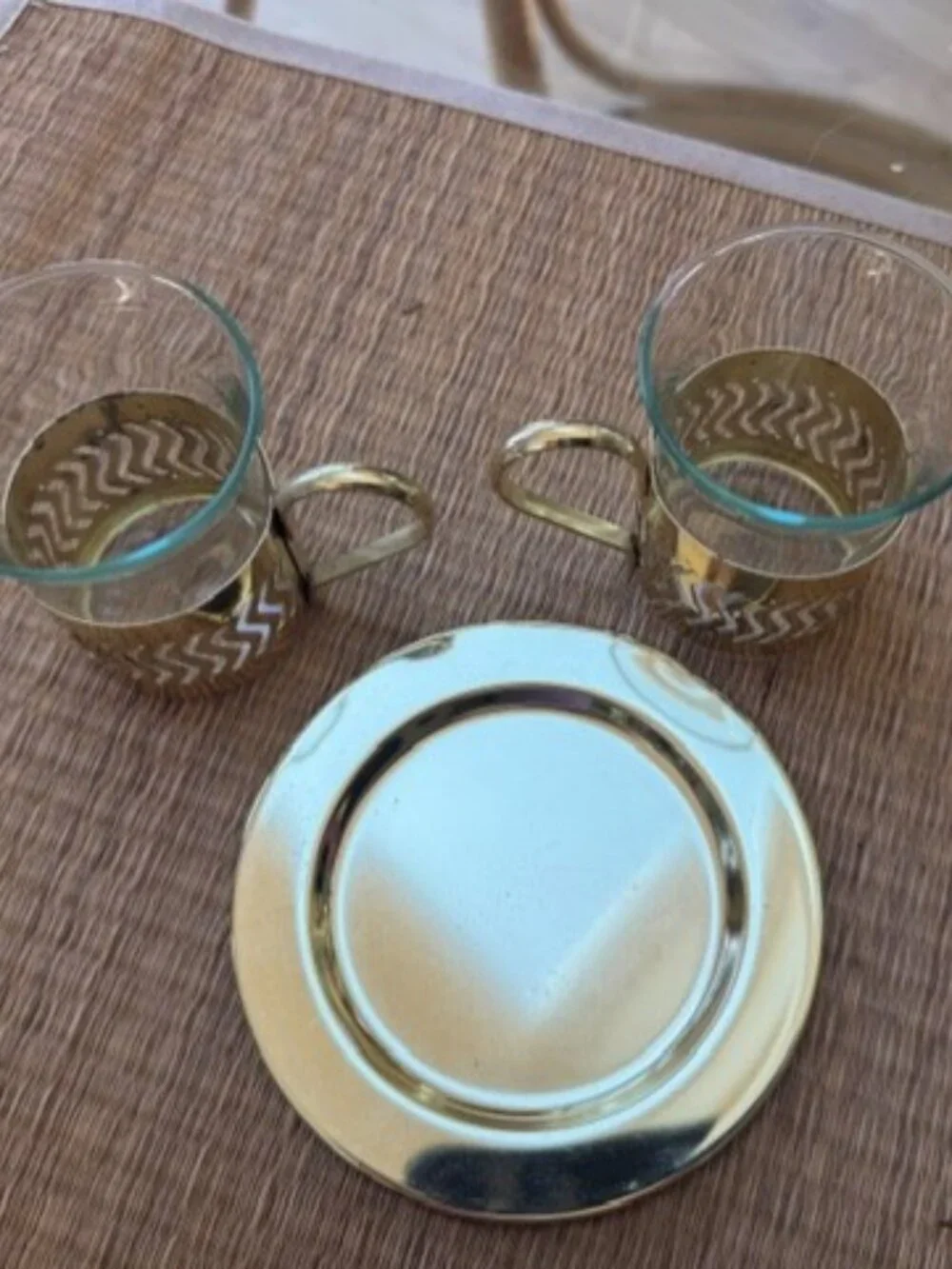 Lot of 2 Vintage Glass Espresso Cup Metal Glasses Gold Coffee with Plate